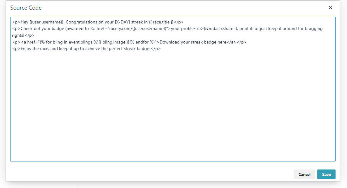 Email source code view showing HTML with template tags